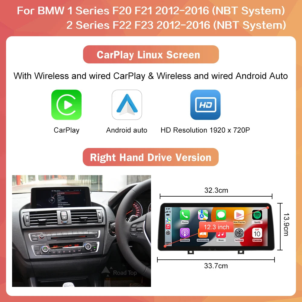 10.25" Wireless Carplay/Android Auto Multimedia Display For BMW 1 2 3 4 Series F20 F21 F22 F23 F45 F30 F31 F33 F36 NBT System