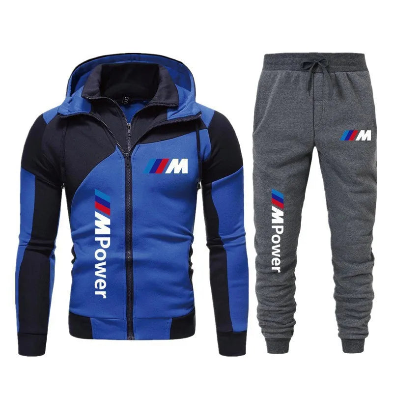 2025 New BMW Top Coat Drawstring Pants BMW Printed Simple Casual Hoodie Set Double layer Zipper Thickened Warm Winter Clothing