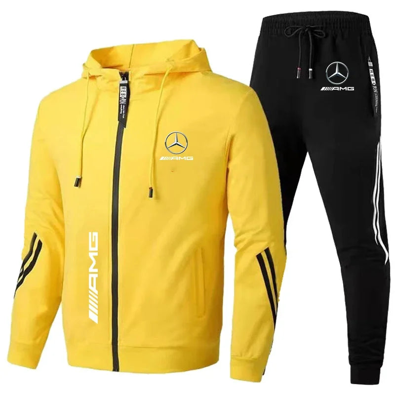 Mercedes-Benz Sweatshirt Suit Zip Up Hoodies+Pants 2 Piece Men's Set Running Racing