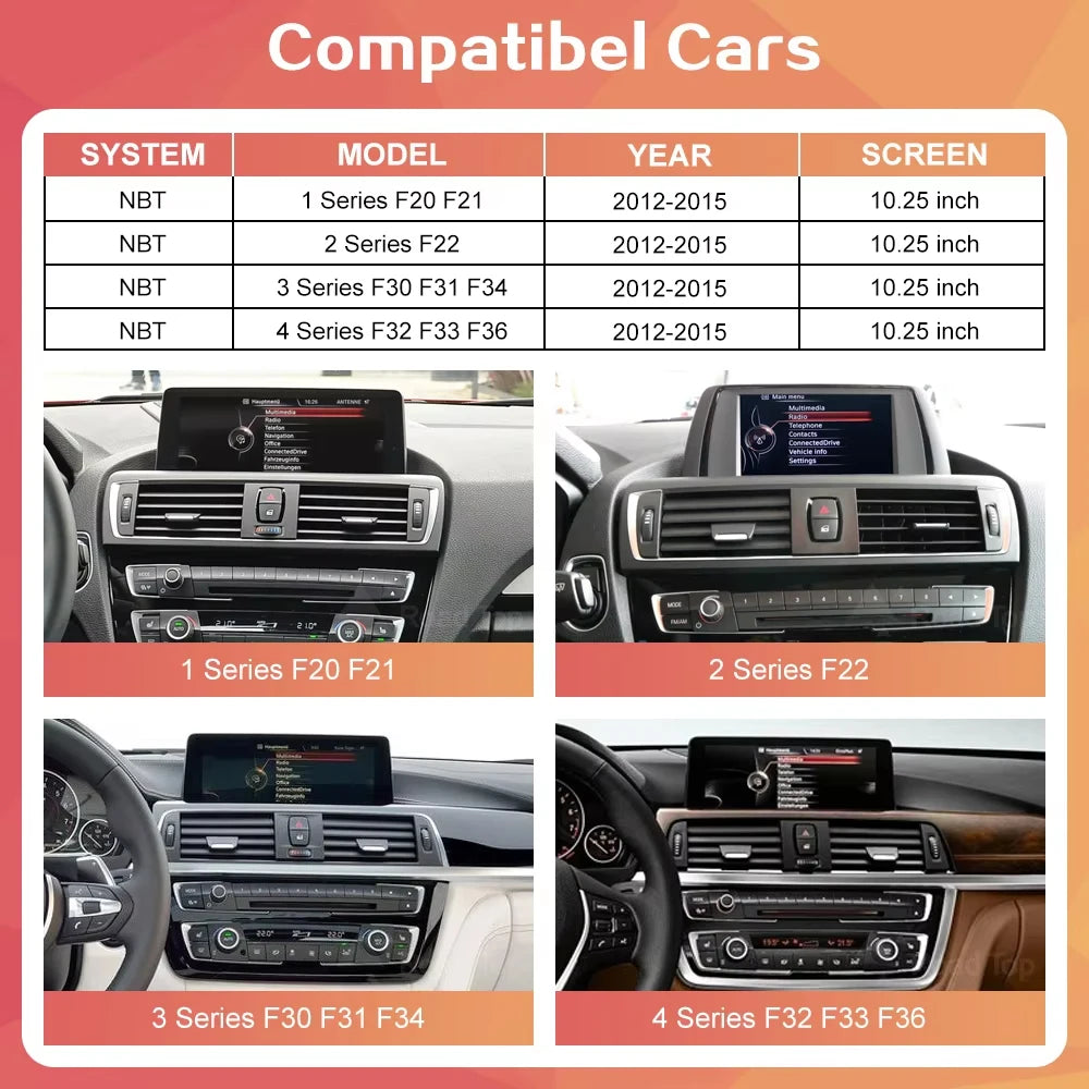 10.25" Wireless Carplay/Android Auto Multimedia Display For BMW 1 2 3 4 Series F20 F21 F22 F23 F45 F30 F31 F33 F36 NBT System