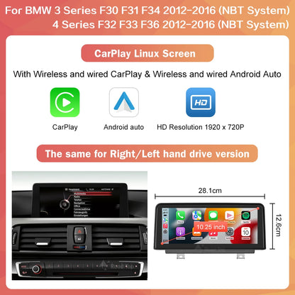 10.25" Wireless Carplay/Android Auto Multimedia Display For BMW 1 2 3 4 Series F20 F21 F22 F23 F45 F30 F31 F33 F36 NBT System