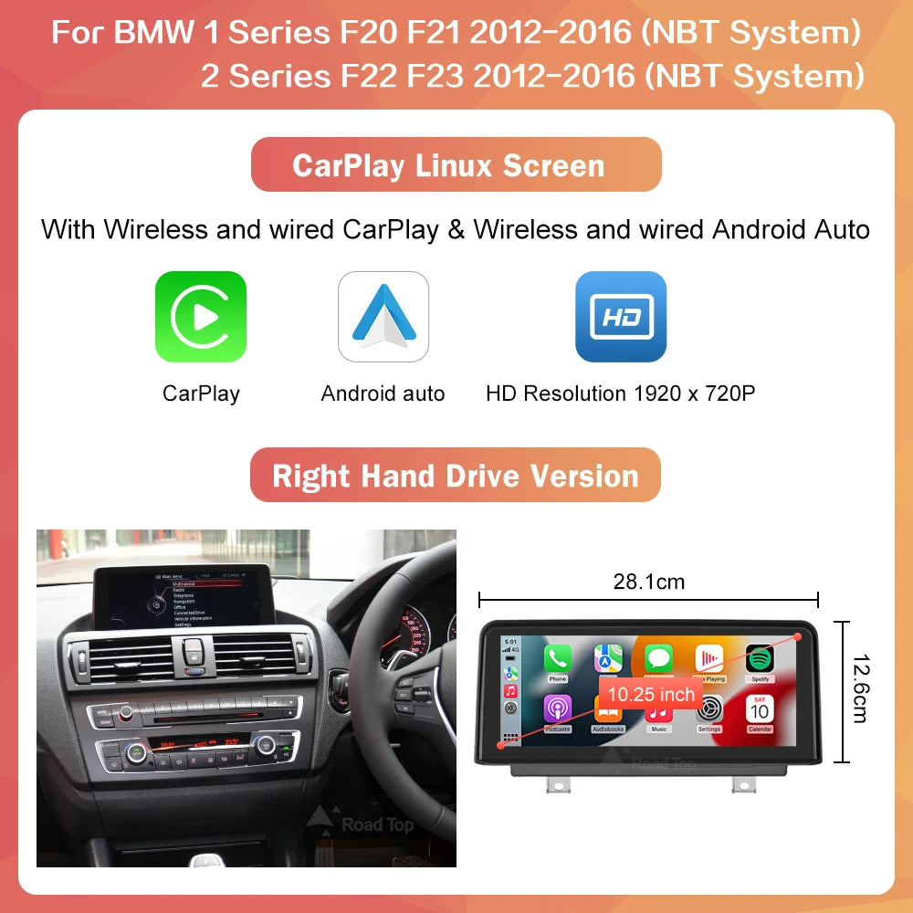 10.25" Wireless Carplay/Android Auto Multimedia Display For BMW 1 2 3 4 Series F20 F21 F22 F23 F45 F30 F31 F33 F36 NBT System