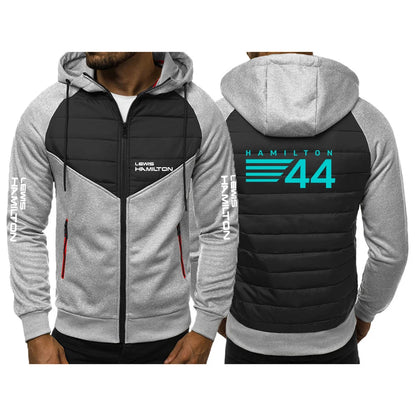 2024 F1 Driver Lewis Hamilton Digital 44 Logo Print Spring Autumn Men's Waterproof Warm Comfortable Hooded Zipper Cotton Jackets