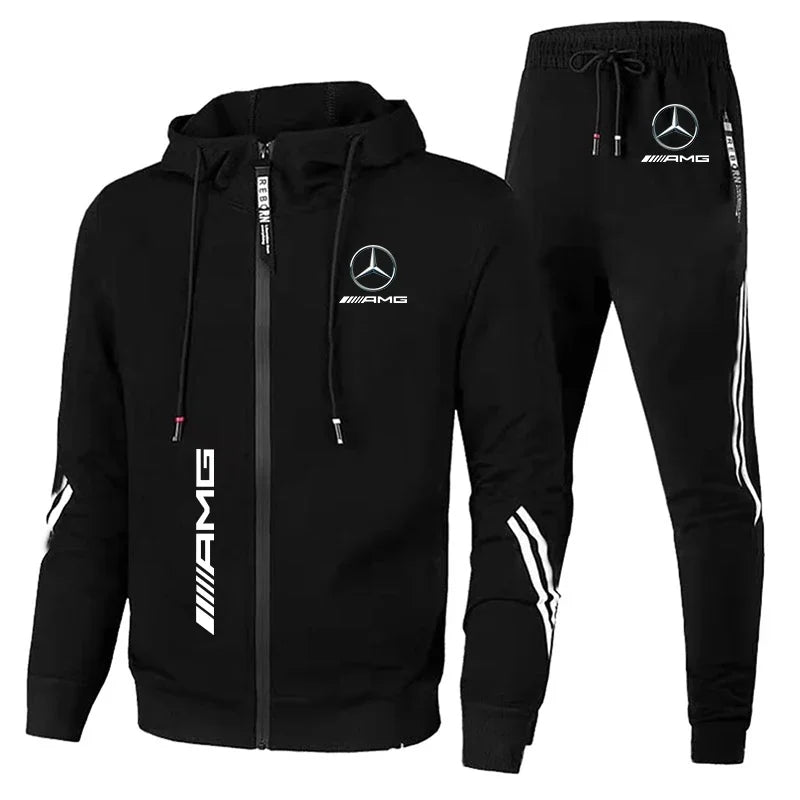 Mercedes-Benz Sweatshirt Suit Zip Up Hoodies+Pants 2 Piece Men's Set Running Racing