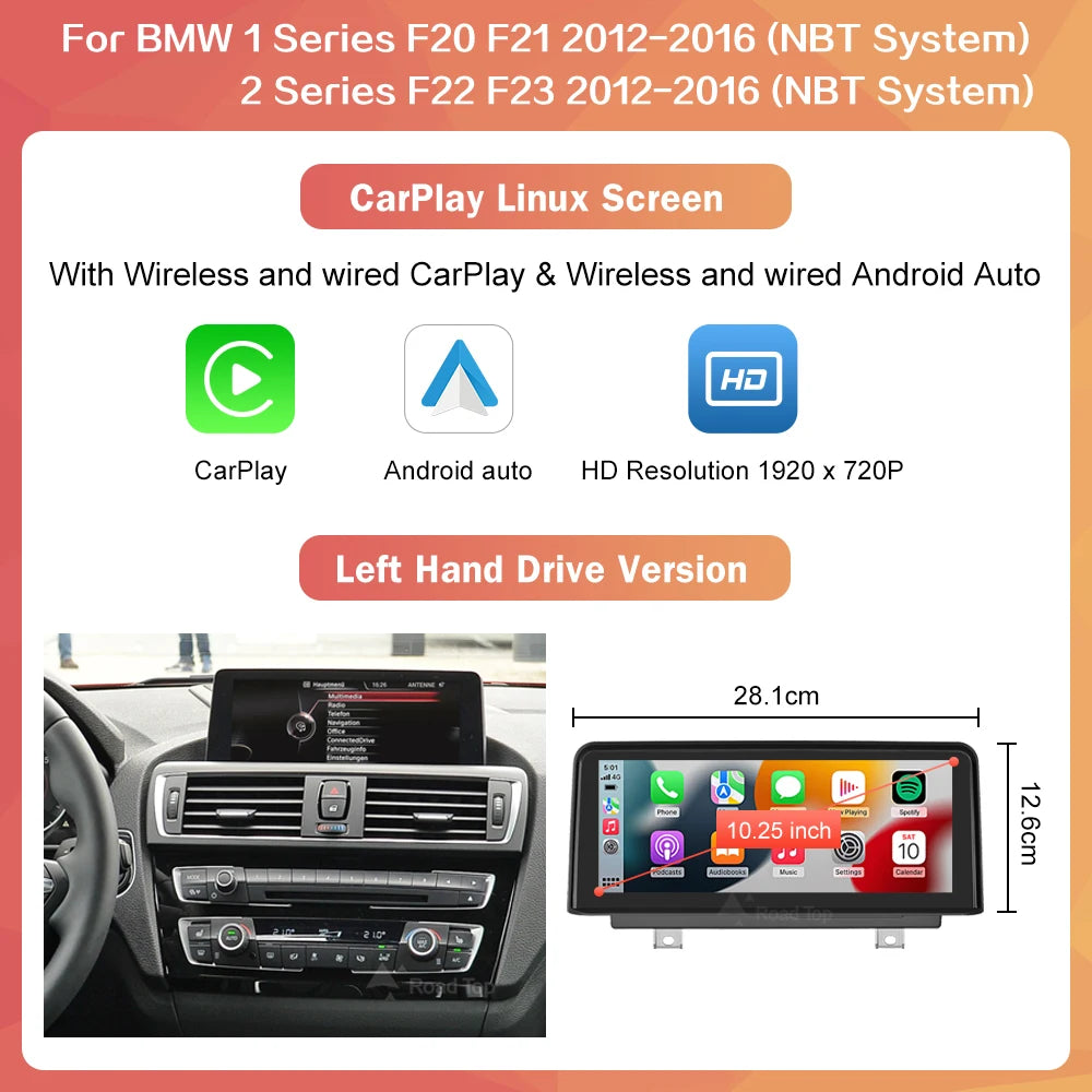 10.25" Wireless Carplay/Android Auto Multimedia Display For BMW 1 2 3 4 Series F20 F21 F22 F23 F45 F30 F31 F33 F36 NBT System