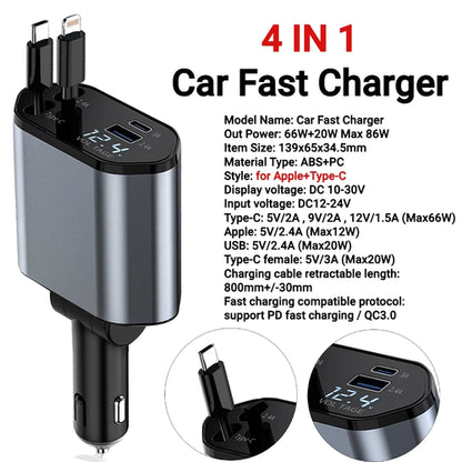 120W 4 IN 1 Retractable Car Charger USB C Cable