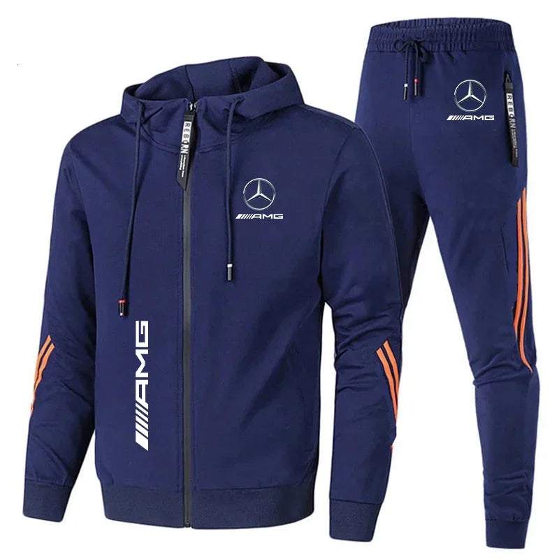 Mercedes-Benz Sweatshirt Suit Zip Up Hoodies+Pants 2 Piece Men's Set Running Racing