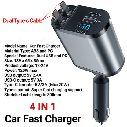 120W 4 IN 1 Retractable Car Charger USB C Cable