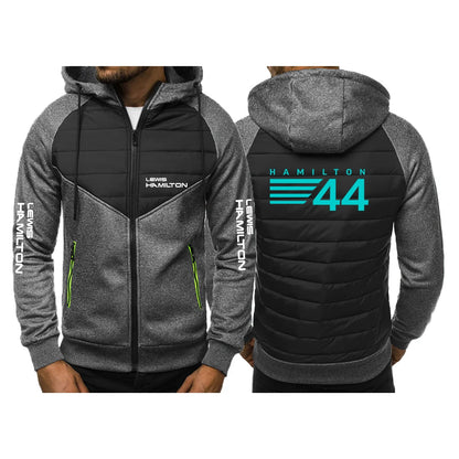 2024 F1 Driver Lewis Hamilton Digital 44 Logo Print Spring Autumn Men's Waterproof Warm Comfortable Hooded Zipper Cotton Jackets