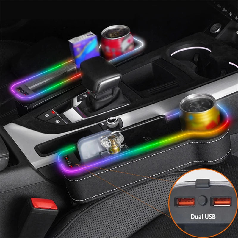 Front Seat Gap Storage Box RGB Ambient Light Dual USB Charger