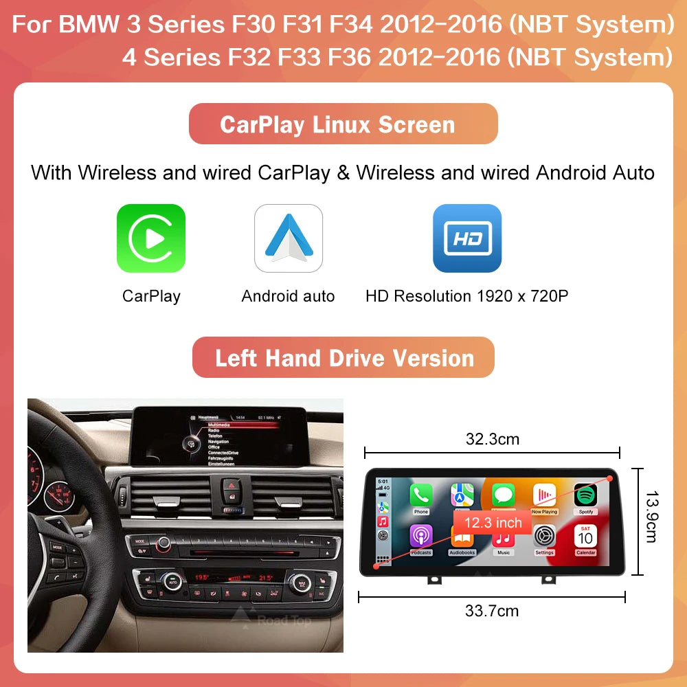 10.25" Wireless Carplay/Android Auto Multimedia Display For BMW 1 2 3 4 Series F20 F21 F22 F23 F45 F30 F31 F33 F36 NBT System