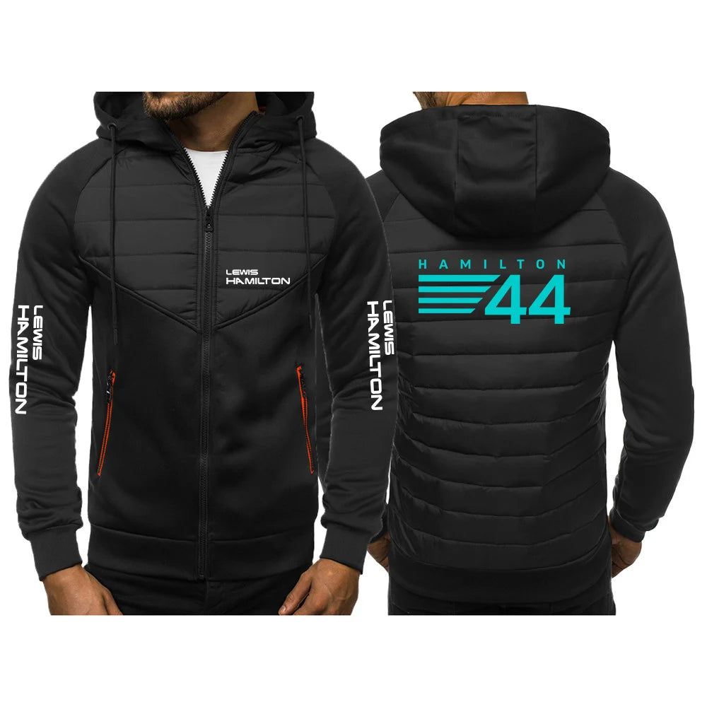 2024 F1 Driver Lewis Hamilton Digital 44 Logo Print Spring Autumn Men's Waterproof Warm Comfortable Hooded Zipper Cotton Jackets