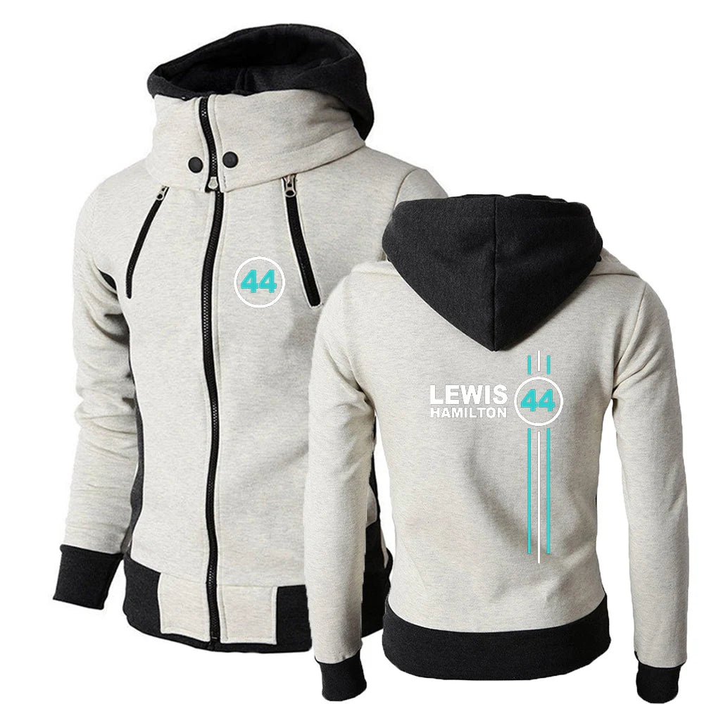 F1 Lewis Hamilton 44 Print Autumn Mens Double Zip Hoodie Slim Fit Comfort