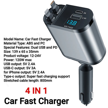 120W 4 IN 1 Retractable Car Charger USB C Cable