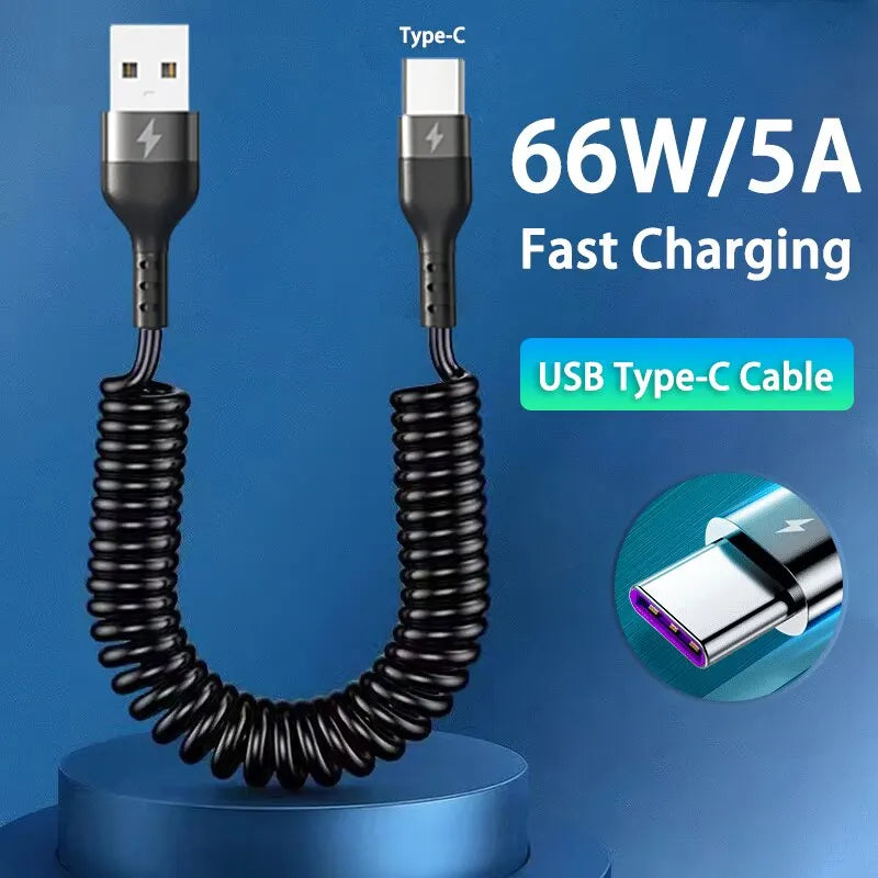 66W 5A Fast Charging Type C Cable Spring Telescopic Car Phone Charger