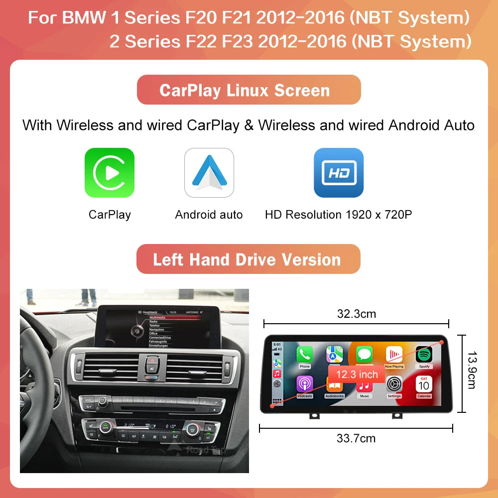 10.25" Wireless Carplay/Android Auto Multimedia Display For BMW 1 2 3 4 Series F20 F21 F22 F23 F45 F30 F31 F33 F36 NBT System