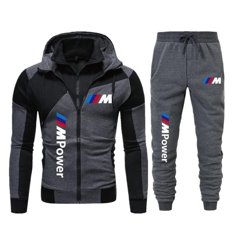 2025 New BMW Top Coat Drawstring Pants BMW Printed Simple Casual Hoodie Set Double layer Zipper Thickened Warm Winter Clothing